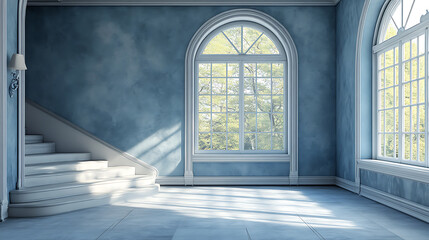 Fototapeta premium A spacious room with large arched windows and a sweeping staircase, bathed in soft sunlight.