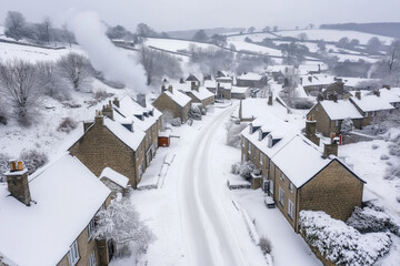 Obraz premium Aerial view of a snow-covered village with chimneys emitting smoke, winter landscape under a clear sky