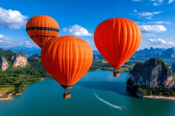 Fototapeta premium Bright orange hot air balloons floating over a landscape at sunrise, the sky blending with the orange hues of the early morning