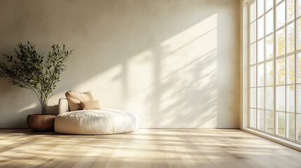 A cozy and minimalist living room with a large window, soft sunlight streaming in, and a comfortable round cushion. The space is decorated with a potted plant, creating a relaxing and inviting atmosph
