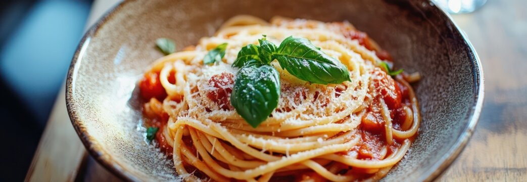 Spaghetti bolognese in a bowl on a black wooden table background Italian pasta with minced beef sauce