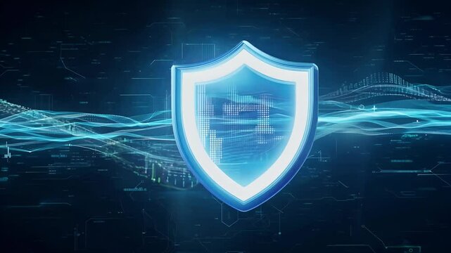 A dynamic shield icon symbolizes cyber security digital data network video protection future technology abstract 4K motion background highlighting connections privacy 