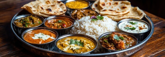 Colorful thali plates serving a variety of Indian dishes such as pickled dal paneer and signature white rice chapati