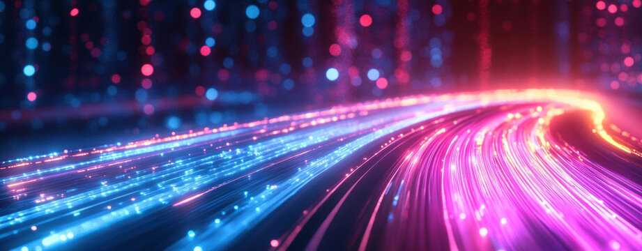 Neon wave of light trails over a dark blurred tech background, with ample space for text overlay.