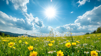 Fototapeta premium Bright sunshine breaks through clouds over blooming field of yellow flowers, creating vibrant and cheerful atmosphere.