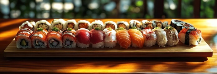 close up photo A sushi roll perfectly coated with pickled ginger and wasabi is served on a wooden tray