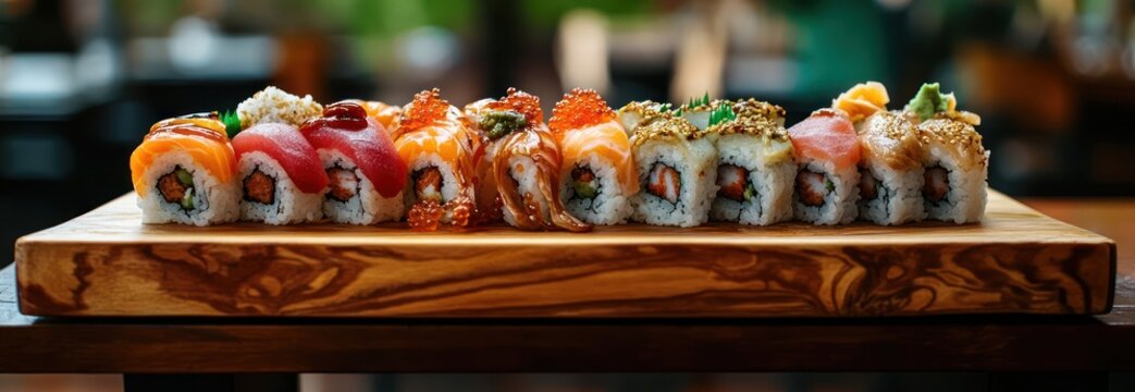 close up photo A sushi roll perfectly coated with pickled ginger and wasabi is served on a wooden tray