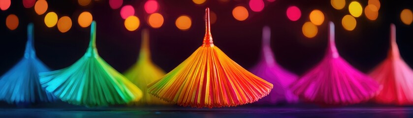 Colorful spinning tops creating a vibrant atmosphere against a blurred bokeh background, ideal for festive themes and celebrations.