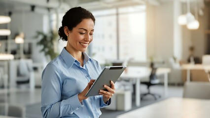 Person with a tablet sitting at a table in a brightly lit office environment.