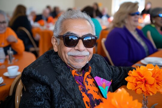 Family gathered for a group photo around the Thanksgiving table, smiling and laughing, creating lasting memories of the holiday