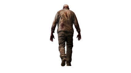 grim figure walks away, showcasing tattered outfit and bloodied hands, evoking sense of horror and suspense