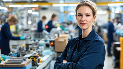 Fototapeta premium confident professional woman stands in modern manufacturing facility, showcasing her expertise in technology and engineering. background features workers engaged in various tasks, highlighting