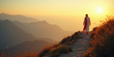 Obraz premium Jesus Christ walking alone while going to the top of a mountain.