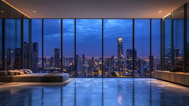 Fototapeta Empty Room with City Skyline View at Sunset