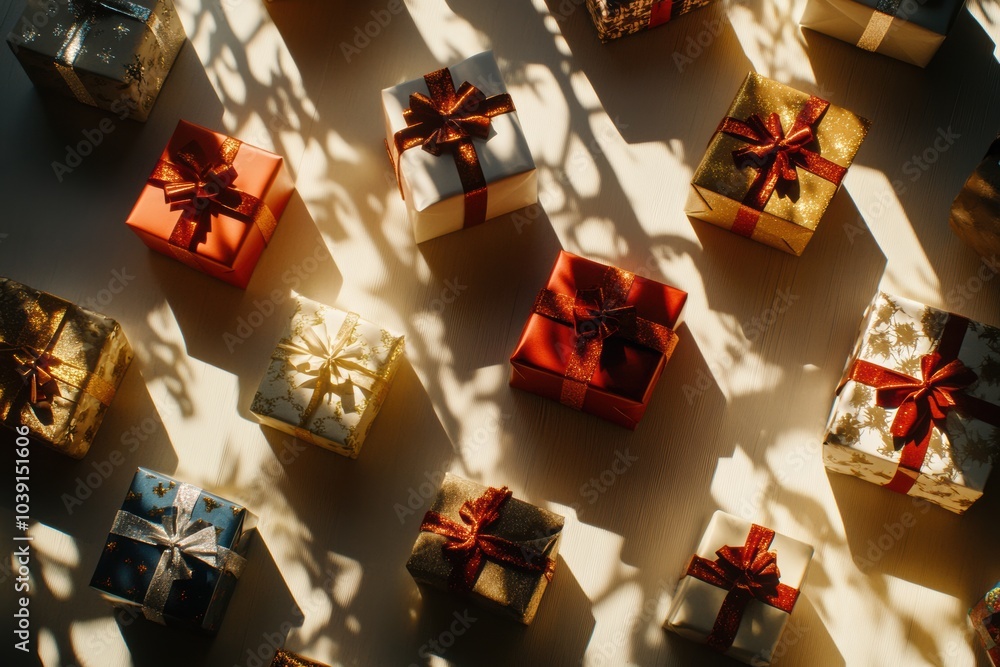 Aufkleber An array of colorful gift boxes with decorative bows fills the light background, creating a festive and cheerful atmosphere for celebrations. Generative AI