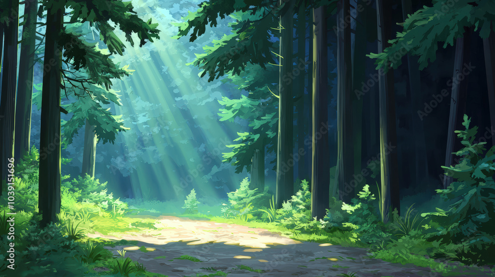 Aufkleber serene forest path illuminated by soft sunlight filtering through trees creates tranquil atmosphere.