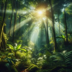 Lush tropical rainforest with rays of sunlight piercing through the trees