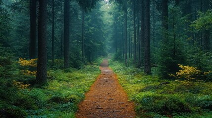 Obraz premium Serene forest path surrounded by lush greenery and misty atmosphere.