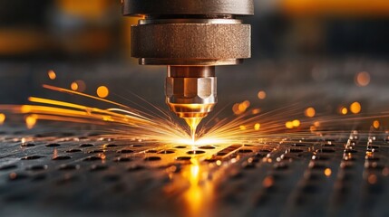 Laser cutting process with sparks on metal surface, focus on nozzle and intensity.
