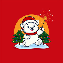Adorable Polar Bear holding a firework Merry Christmas