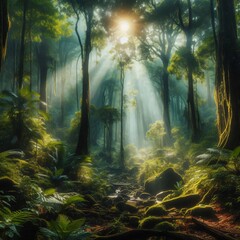 Obraz premium Lush tropical rainforest with rays of sunlight piercing through the trees