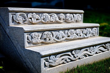 Hyper-realistic depiction of the stone steps, leading up to the Hall of Prayer for Good Harvests, with intricate carvings and textures visible on each step