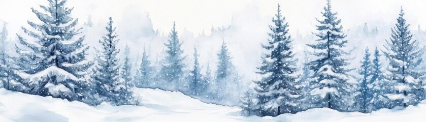 Fototapeta premium Winter forest landscape panoramic scene flat design side view snowcovered trees watercolor