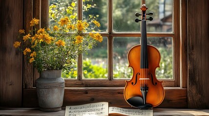 A violin rests on sheet music in front of a window with a vase of yellow flowers.