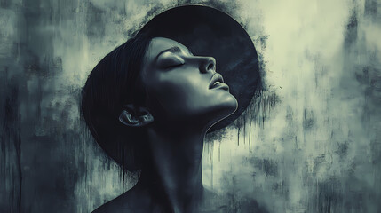 Fototapeta premium A woman with her eyes closed, head tilted back, with a dark circle behind her. She has a soft expression.