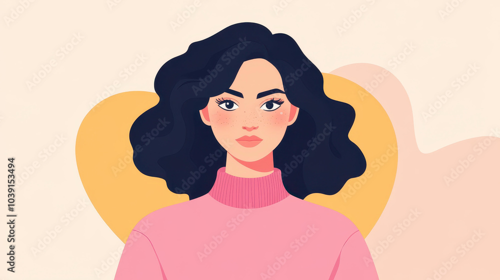 Canvas Prints a stylish illustrated avatar of a woman with sleek black hair, dressed in a cozy pink sweater agains