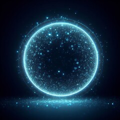 Fototapeta premium blue sphere or circle bathed in blue light, blue glitter floating amidst a vast, star-studded cosmos on black background
