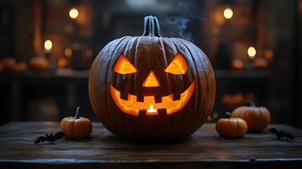 Fototapeta premium A carved jack-o'-lantern with a lit candle inside, with smaller pumpkins and bats on a wooden table with a blurred background of other jack-o'-lanterns and candles.
