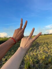 hand, sky, hands, blue, reaching, gesture, finger, people, arm, nature, clouds, palm, fingers, freedom, woman, summer, concept, sign, sun, up, child, help, human, care, body