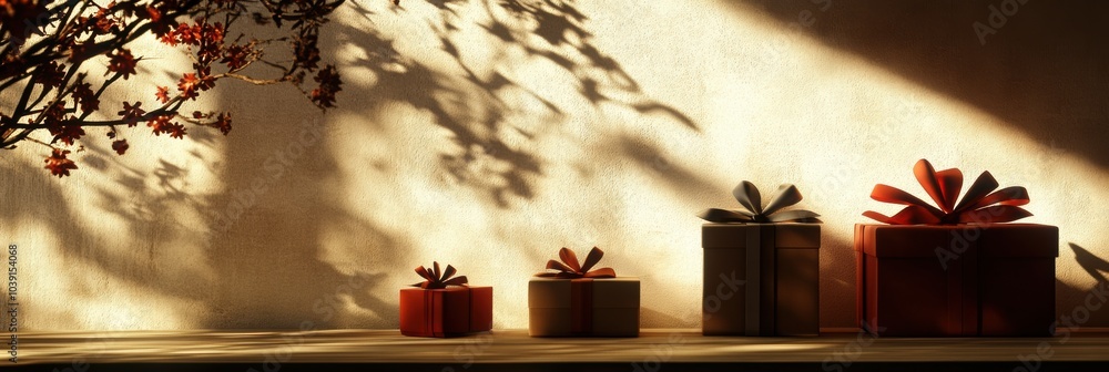 Poster silhouetted gift boxes adorned with bows rest on a shelf, casting delightful shadows in a soft, ligh