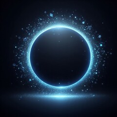 Blue sphere or circle bathed in blue light, floating amidst a vast, star-studded cosmos on black dark background
