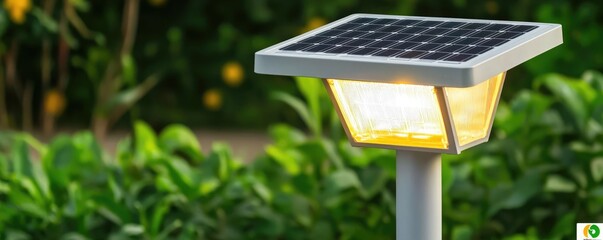 A solar garden lamp illuminating a lush garden setting, showcasing modern eco-friendly design with vibrant greenery in the background.