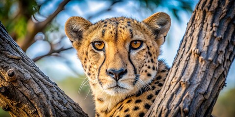 Obraz premium A cheetah's piercing gaze, framed by a tree trunk, revealing a glimpse of its wild spirit.