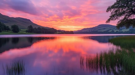 A vivid sunset with warm hues of pink and orange, perfectly reflected on a calm, serene lake.
