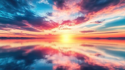 Peaceful sunset with colorful skies reflected on a calm lake surface, creating a tranquil mood.