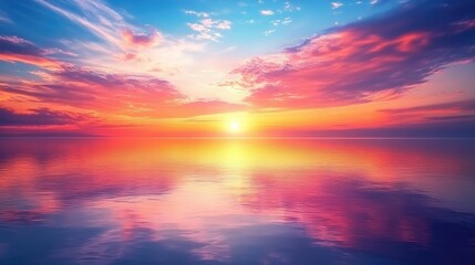 Peaceful sunset with colorful skies reflected on a calm lake surface, creating a tranquil mood.