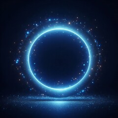 Blue sphere or circle in blue light, floating amidst a vast, star-studded cosmos on black dark background