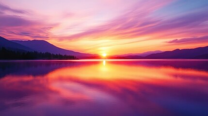 Fototapeta premium Stunning sunset casting bright pink, orange, and purple hues across a still, calm lake.
