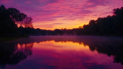 Obraz premium Stunning sunset casting bright pink, orange, and purple hues across a still, calm lake.