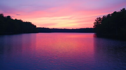 Obraz premium Tranquil lake with vibrant sunset casting pink, orange, and purple hues across the water.