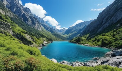 arafed view of a mountain lake surrounded by green vegetation