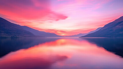 Obraz premium Vibrant sunset with vivid pink and orange hues reflected on a calm lake, creating serenity.