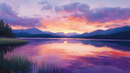 Fototapeta premium Vibrant sunset reflecting hues of pink, purple, and orange on a peaceful, tranquil lake.