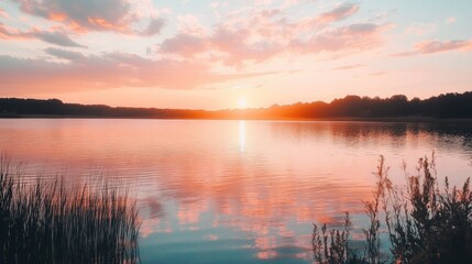 A peaceful sunset over a tranquil lake, with pink and orange hues reflected in the calm waters.