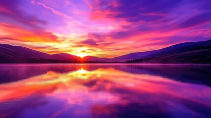 Fototapeta premium A vibrant sunset with pink, orange, and purple hues reflected on a calm lake, peaceful and serene.