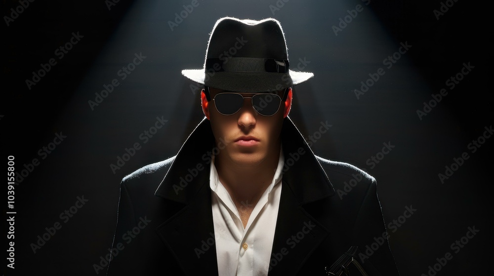 Poster stylish man in a black coat and hat poses confidently in the spotlight while holding a briefcase in 